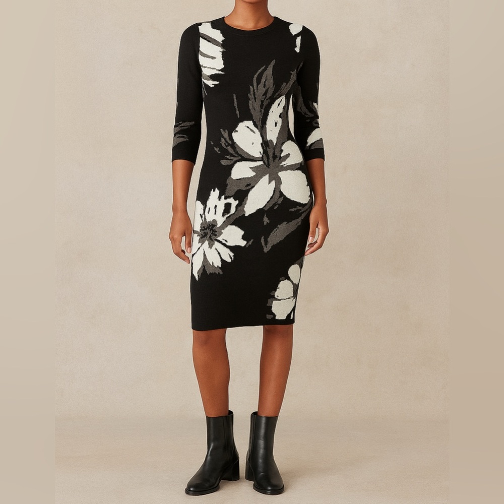 NEW Calvin Klein black floral 3/4 sleeve pullover sz L dress coastal granny trop